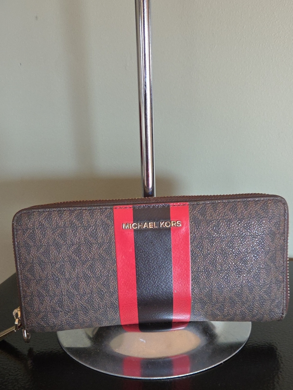 Michael Kors Brown Wallet with Red and Black Center Stripe